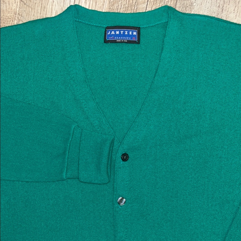 Jantzen Classics Men's Green V Neck Button Front Cardigan Sweater XL Made USA